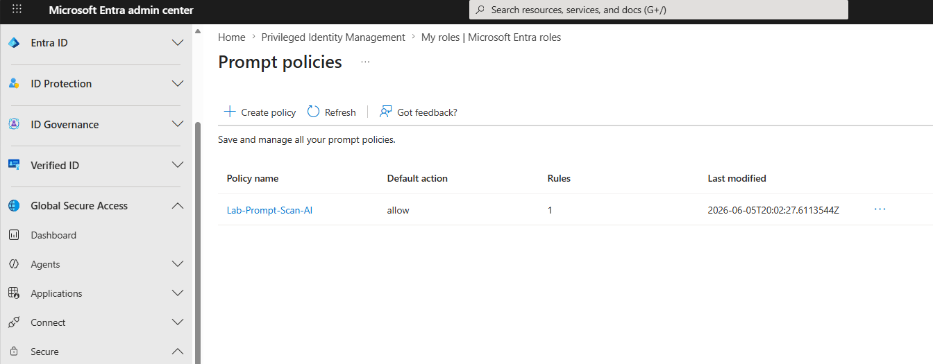 Microsoft Entra admin center, Global Secure Access prompt policies list showing a policy named Lab-Prompt-Scan-AI with a default action of allow and one rule.