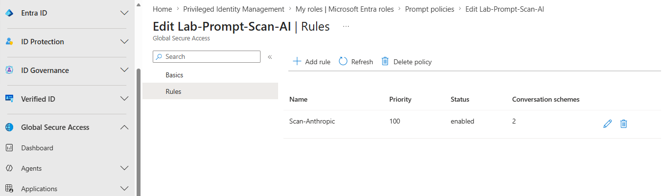 The Rules tab of the Lab-Prompt-Scan-AI policy, showing one rule named Scan-Anthropic with priority 100, status enabled, and two conversation schemes.