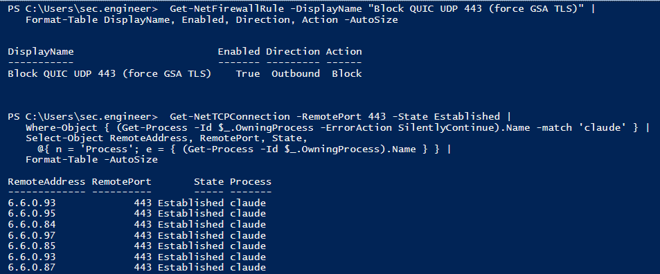 PowerShell on the VM. Get-NetFirewallRule shows the Block QUIC UDP 443 rule with Enabled True, Direction Outbound, Action Block. Get-NetTCPConnection lists several Claude Desktop connections to remote port 443, all in the Established state.