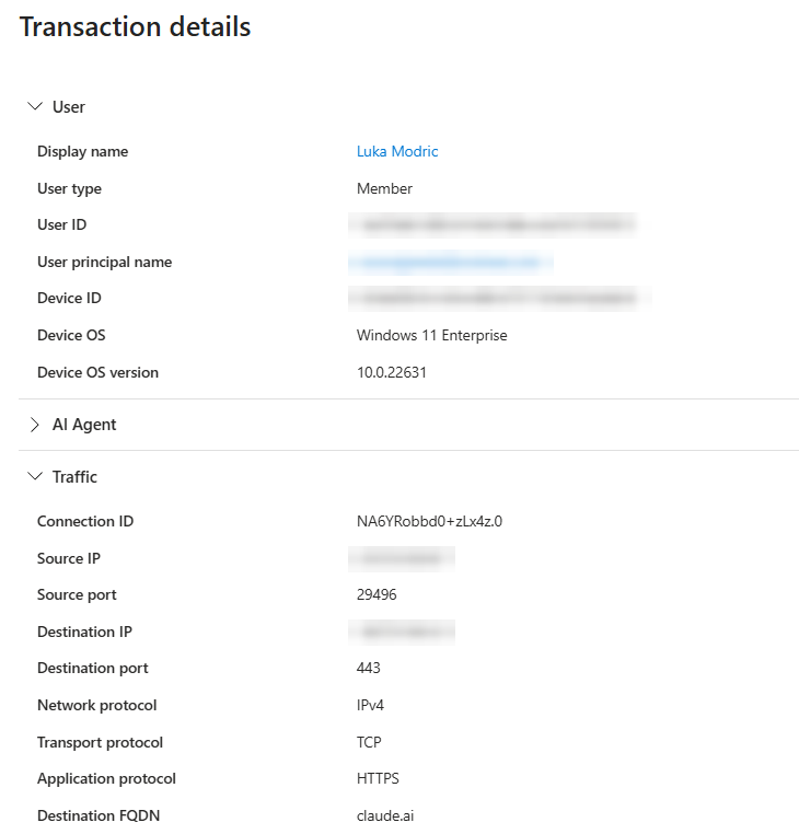 GSA transaction details. A User section shows display name, user principal name, device ID, and Windows 11 Enterprise. A Traffic section shows destination claude.ai over TCP on port 443 with application protocol HTTPS.