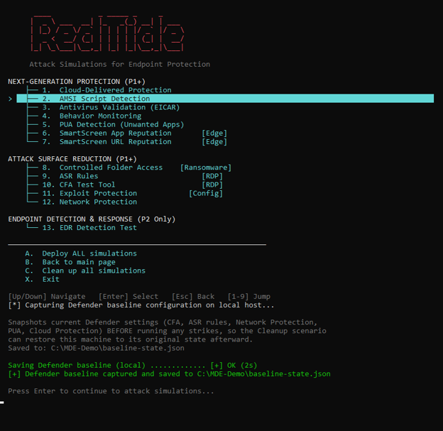 Baseline capture step. RedTide reports capturing the Defender baseline configuration on the local host, snapshotting CFA, ASR rules, network protection, PUA, and cloud protection settings before any strike runs, and saving the baseline to C colon backslash MDE-Demo backslash baseline-state.json.