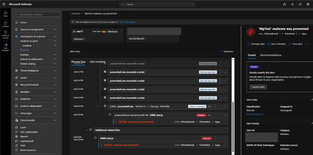 Microsoft Defender portal showing the MpTest malware was prevented alert on device WIN11. The alert story lays out a process tree: powershell.exe executed a script several times, PowerShell interacted with AMSI_test.js, and MpTest malware was prevented. The right panel shows alert state, classification, and detection source antivirus, mapped to MITRE ATT&CK.