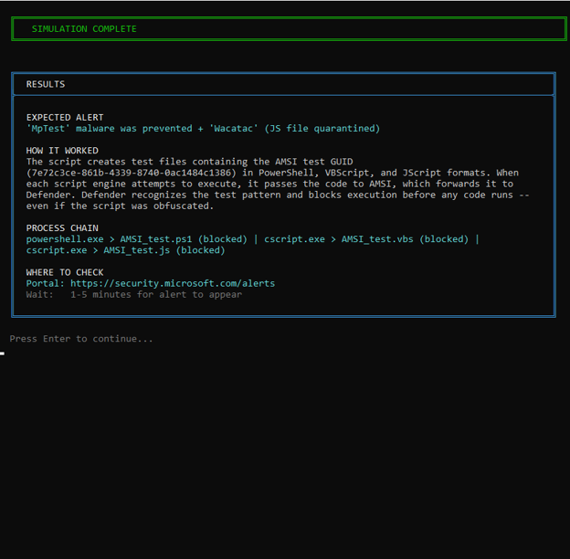 Results card for the AMSI scenario. Expected alert: MpTest malware was prevented, plus Wacatac for the quarantined JS file. It explains the test files carry the AMSI test GUID in PowerShell, VBScript, and JScript and are blocked before any code runs. The process chain shows powershell.exe and two cscript.exe processes, each blocking its AMSI test file. Where to check: the Defender portal alerts page, one to five minutes for the alert to appear.